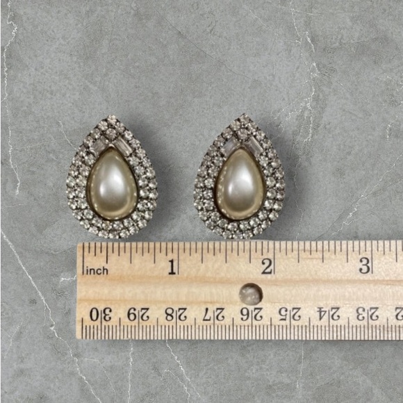 Vintage Rhinestone & Faux Pearl Post Earrings - Picture 2 of 3